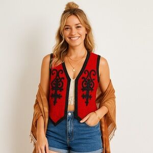 Laurence Kazar Vtg Red Black Boho Beaded Sequin Dazzle 100% Pure Silk Vest 🐎🍒